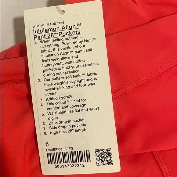 NWT Lululemon 28” Align leggings in size 6 Lip Gloss - Picture 6 of 6